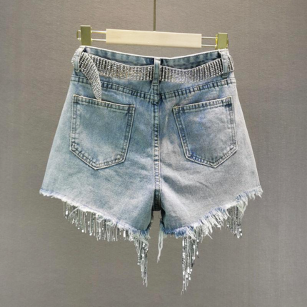 Y2K Denim Shorts With Rhinestone Fringe