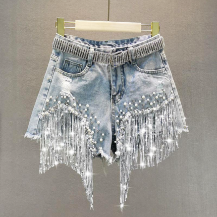 Y2K Denim Shorts With Rhinestone Fringe